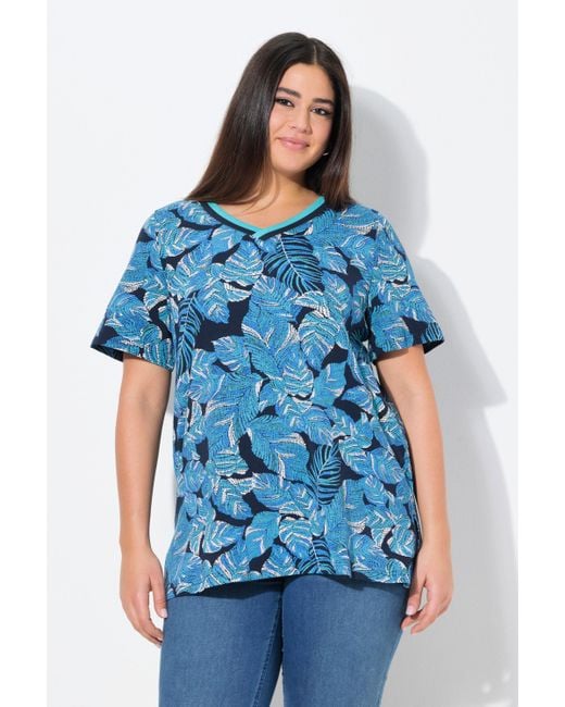 Ulla Popken Blue T-Shirt Blätter A-Linie V-Ausschnitt