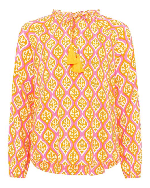 Zwillingsherz Orange Schlupfbluse "Ovale Ranken" besonderem Muster, Bindeband mit Tasseln