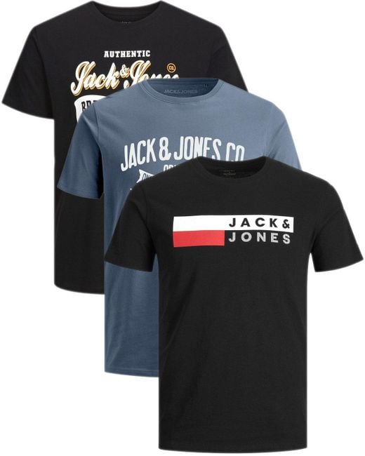 Jack & Jones Print- (Spar-Set, 3er-Pack) Big Size Shirt, Übergröße aus Baumwolle in Black für Herren