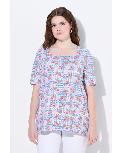 Ulla Popken White T-Shirt Erdbeeren Classic Carré-Ausschnitt Halbarm