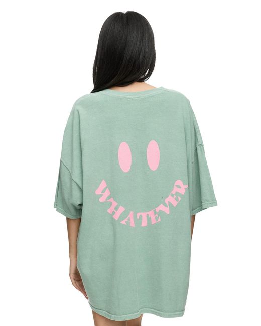 Worldclassca Green Oversized T-Shirt Sommer Oberteil PRINT - WHATEVER - VINTAGE STONE WASHED