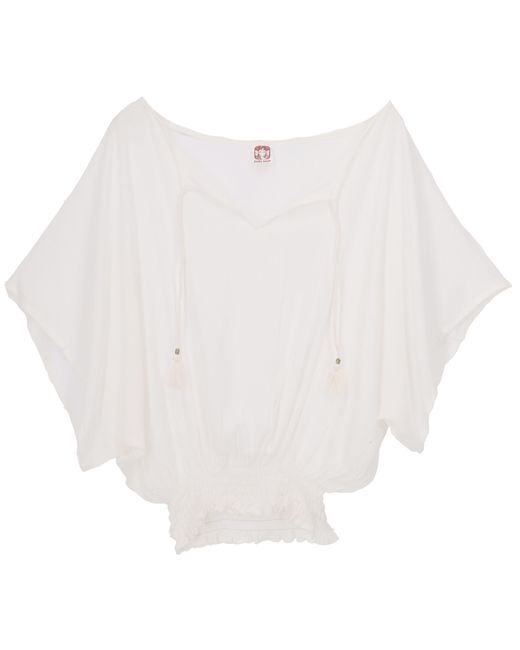 Guru-Shop White Longbluse Luftige Boho Bluse, Maxibluse mit Fledermaus..