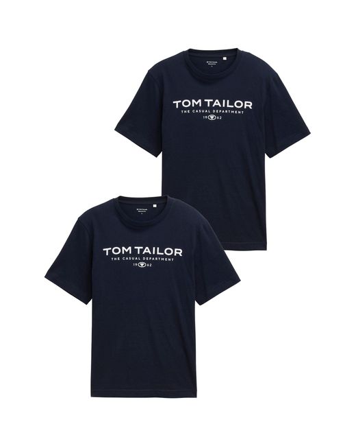 Tom Tailor Shirt -SET Klassischer Schnitt mit Logo, Baumwolle, 1962 (2-tlg) 2er-Pack T-Shirts in Blue für Herren
