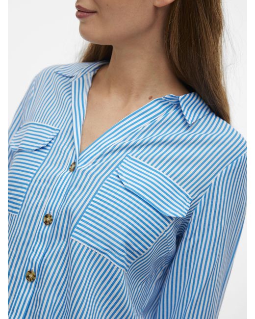 Vero Moda Blue Blusenshirt Legeres Blusen Hemd mit Brusttaschen Krempelärmel VMBUMPY 6702 in Blau
