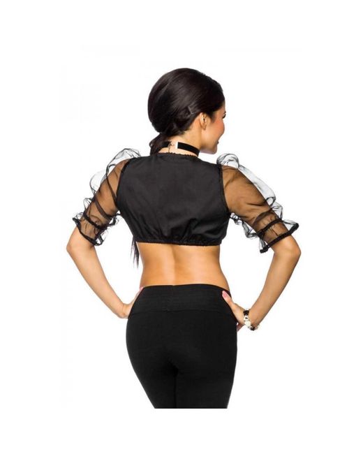 atixo Black Dirndlbluse Dirndl Bluse schwarz mit transparenten Ärmeln sexy L