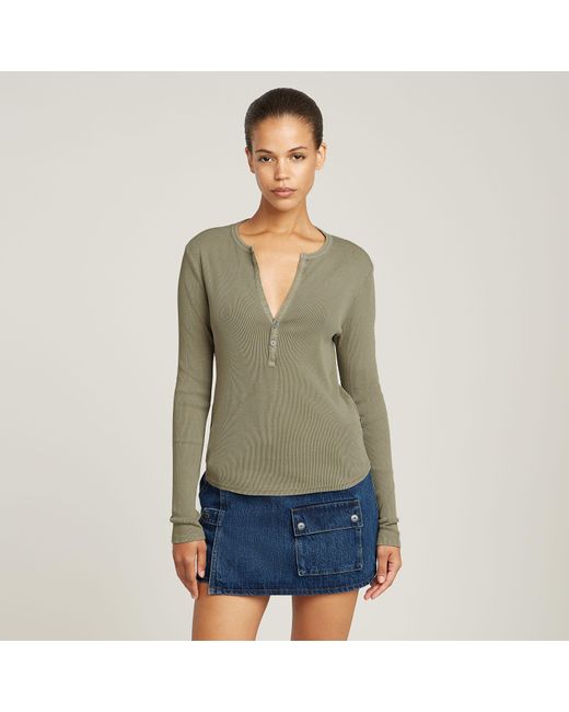 G-Star Green Langarmshirt Deep v slim mit Knopfverschluss