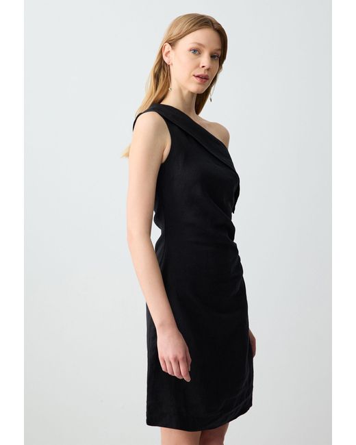 Jimmy Key Blue Minikleid Schmal geschnittenes Mini-Leinenkleid mit asymmetrischem Ausschnitt un