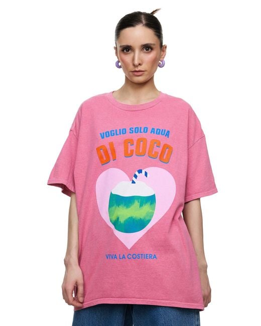 Worldclassca Pink Oversized T-Shirt Sommer Oberteil Print - VOGLIO SOLO AQUA DI COCO VIVA LA COSTIERA
