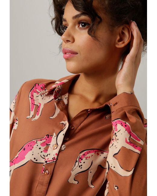 Aniston CASUAL Blusenkleid ( DE | bedruckt kunstvollen Braun Bindegürtel) Raubkatzen in Lyst mit
