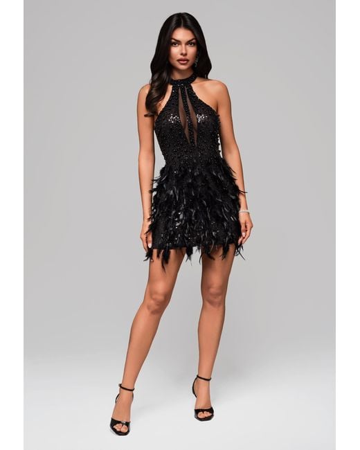 Ombre Black Abendkleid Paillettenkleid mit Federn Pailletten und Perlen