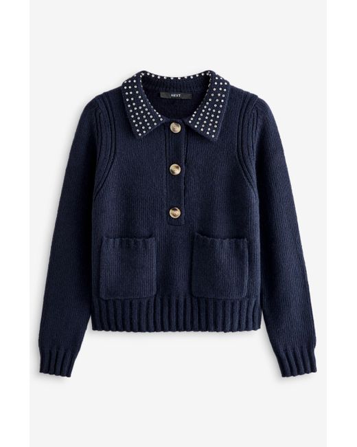 Next Blue Strickpullover Pullover mit schmuckbesetztem Kragen (1-tlg)