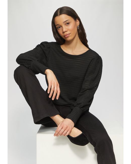 QS Black Strukturiertes Langarmshirt mit Puffärmeln Paspel