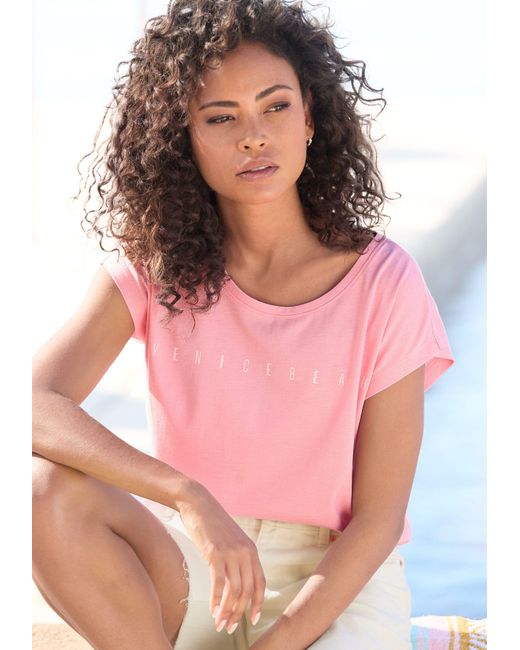 Venice Beach Pink Kurzarmshirt mit Frontdruck, T-Shirt aus Baumwollmischung, Basic, casual