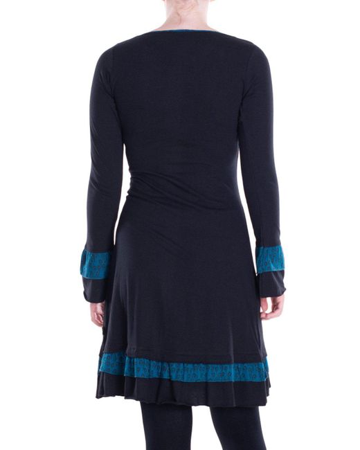 Vishes Blue Midikleid knielang Kleid Baumwolle Blumen-Muster Lagenlook-Design Rüschen Alternative Bekleidung