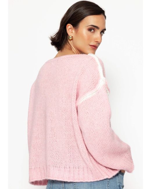SassyClassy Blue Oversize Pullover Kontrastnä Elegant Lockerer Strickpullover mit U-Boot Ausschnitt und Außennähten Details