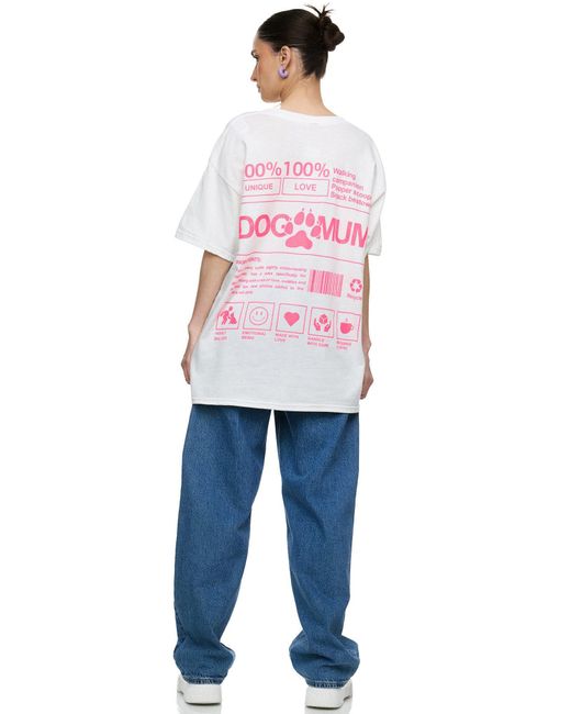 Worldclassca White Oversized T-Shirt lang Sommer Oberteil PRINT - DOG MUM 100% LOVE WALKING