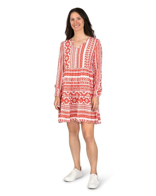 DENIMFY Red Sommerkleid Kleid DFIda A-Linie langarm Freizeitkleid mit V-Ausschnitt aus 100% Viskose