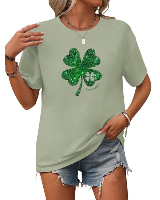 PYL Green Kurzarmshirt Sommer Kurzarmbluse Locker Kleeblatt Print-Shirt