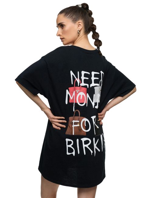 Worldclassca Black Oversized T-Shirt Sommer Oberteil Print - I NEED MONEY FOR BIRKIN