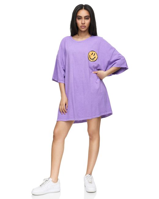 Worldclassca Purple Oversized - T-Shirt Oberteil PRINT - SMILE- ALWAYS IN A GOOD MOOD - STONE WASHED - VINTAGE