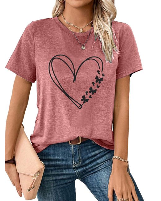 PYL Red Rundhalsshirt Bequemes Sommer Kurzarmbluse Locker Liebe Print-Shirt Bequem für Freizeit und Büro,Strandurlaub