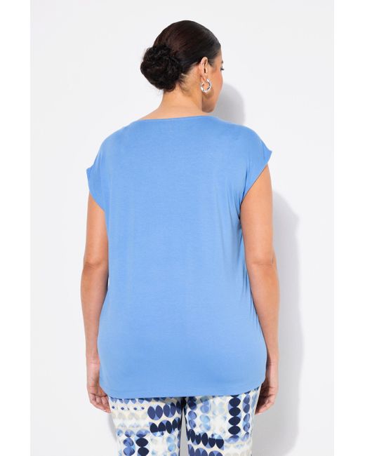 Ulla Popken Blue T- Shirt Ziersteine Rundhals ärmellos Materialmix