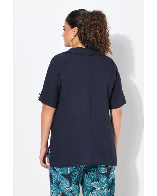 Ulla Popken Blue Tunika Bluse Leinenoptik Oversized Tellerkragen Halbarm