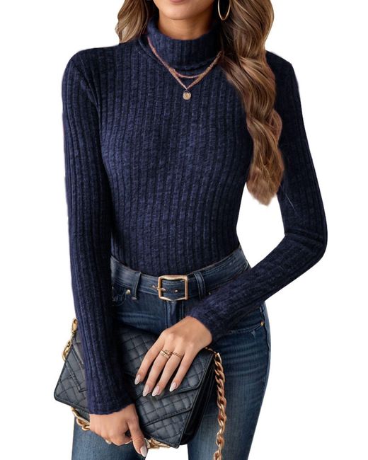 LUCKZON Blue Rollkragenpullover Rollkragen Langarmshirts mit Rippenmuster