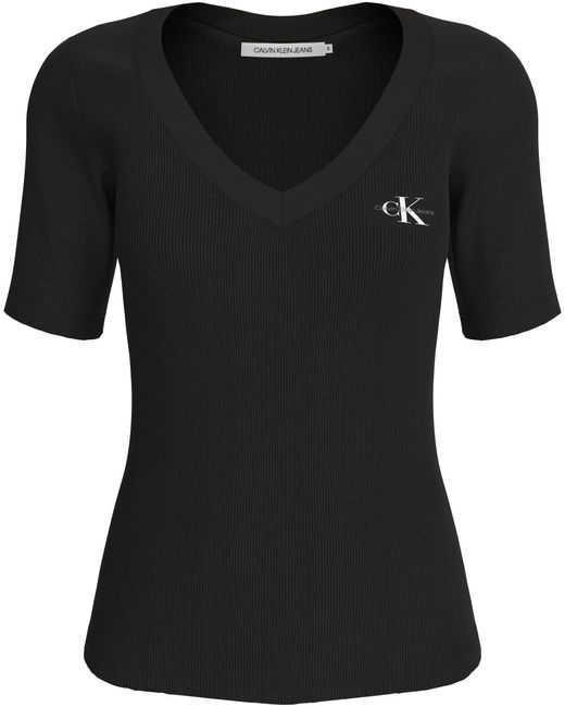 Calvin Klein Black T-Shirt WOVEN LABEL RIB V-NECK TEE mit Logomarkenpatch