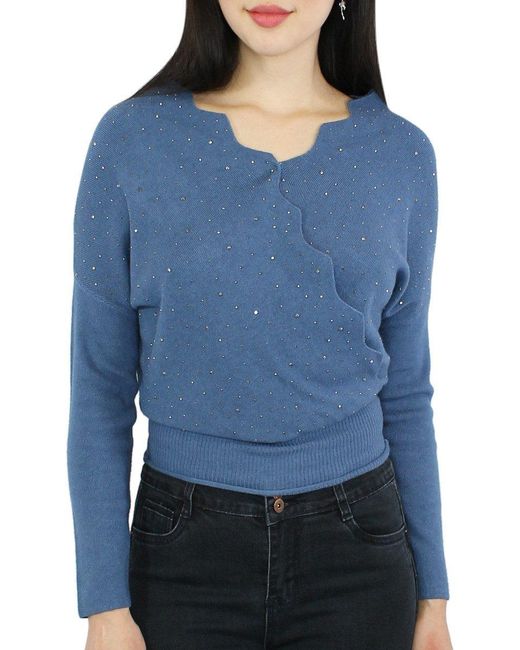 dy_mode Blue V-Ausschnitt- Feinstrick Pullover Eleganter Kurzpullover in Unifarben, mit Glitzer