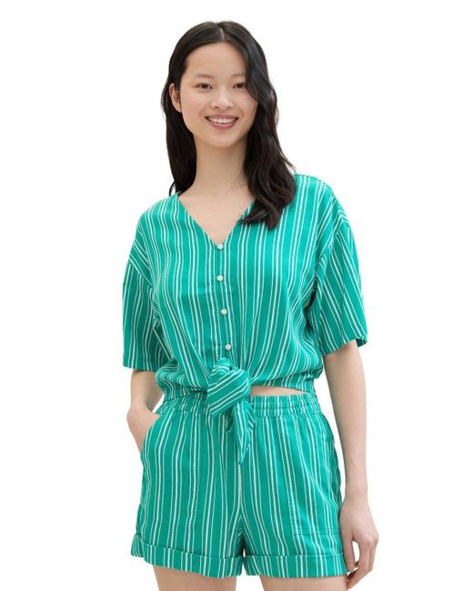 Tom Tailor Blue Blusenshirt knotted linen mix blouse, green white vertical stripe