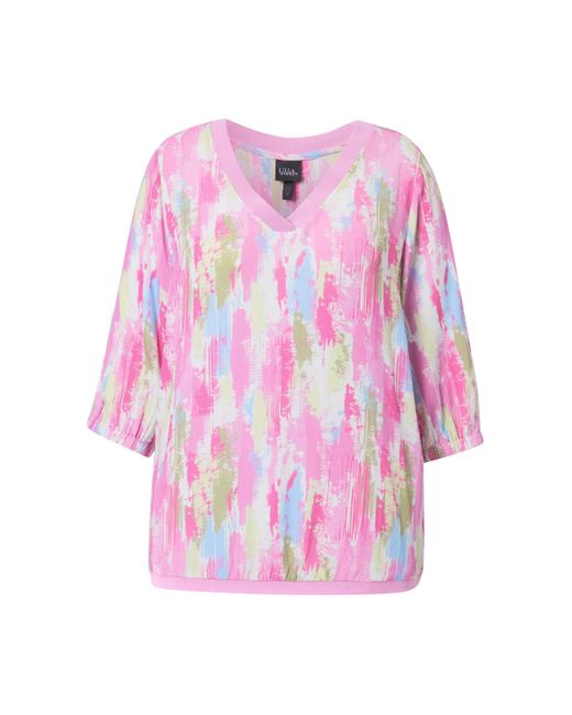 Ulla Popken Pink Druckbluse Bluse Krepp Rippsaum V-Ausschnitt 3/4-Arm