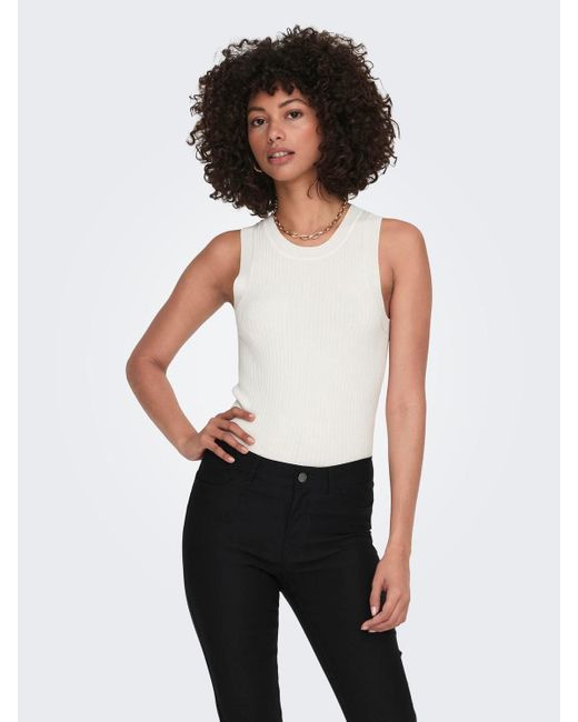Jacqueline De Yong White Shirttop Geripptes Stricktop ohne Ärmel mit Rundhalsausschnitt JDYAYA TANK TOP KNT NOOS