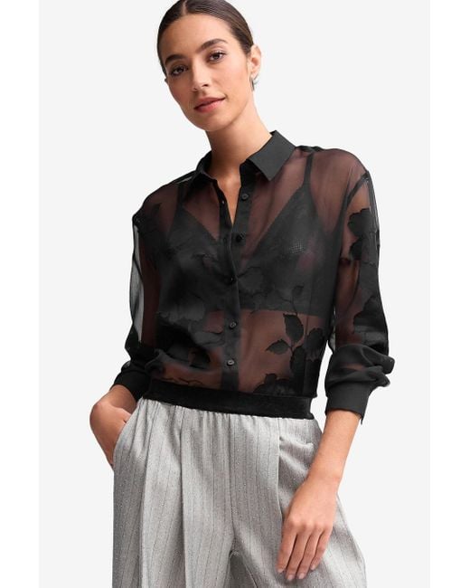 Next Black Spitzenbluse Langärmeliges, transparentes aus floralem Jacquard (1-tlg)