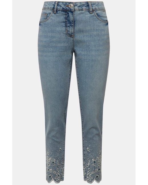 MIAMODA Blue Regular-- Jeans Slim Fit Saum mit Loch-Stickerei 5-Pocket