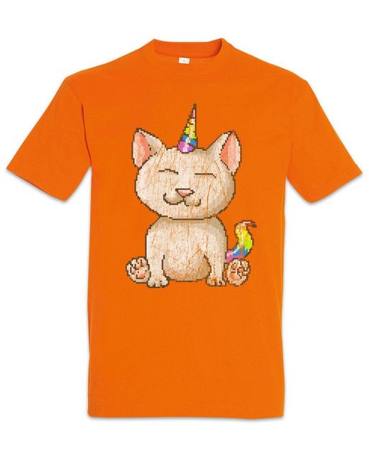 Urban Backwoods Print- Pixel Cat Unicorn T-Shirt Orange Größe L für Herren