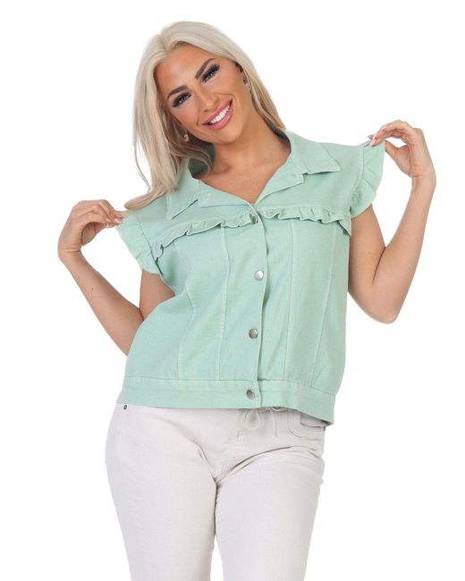 Aurela Damenmode Green Aurela mode Jeansweste Weste Jeanslook Sommerweste mit Volantärmeln Sommerfarben
