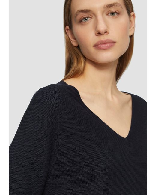 S.oliver Black Gerippter Strickpullover aus Baumwollmix mit V-Ausschnitt