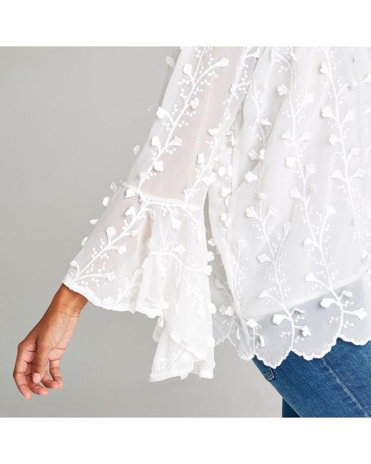Apricot White Klassische Bluse Floral Vine Bell Sleeve Top, mit Bardot-Ausschnitt