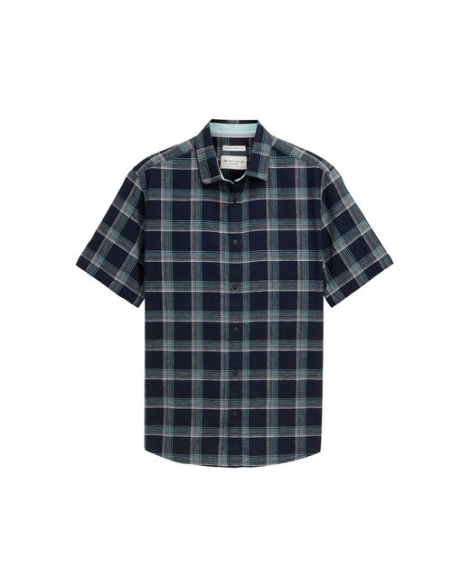 Tom Tailor Kurzarmshirt checked cotton linen shirt in Blue für Herren