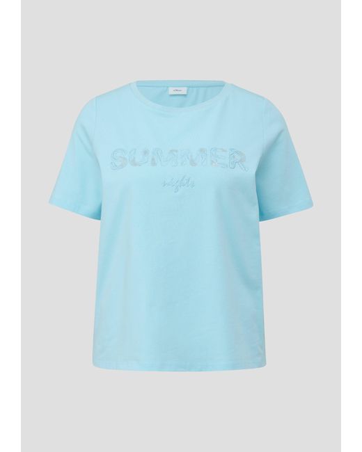 S.oliver Blue Kurzarmshirt T-Shirt aus Baumwollstretch Pailletten, Stickerei