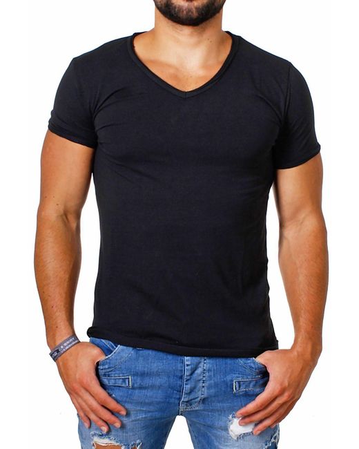 Carisma T-Shirt Uni Basic 4066 tief-breit geschnittener vintage Look V-Ausschnitt unifarben kurzarm slim fit in Blue für Herren