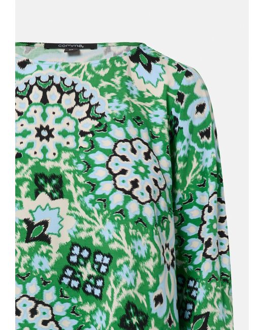 Comma, Green Langarmbluse Bluse mit seitlich geschlitztem Saum und All-over-Print