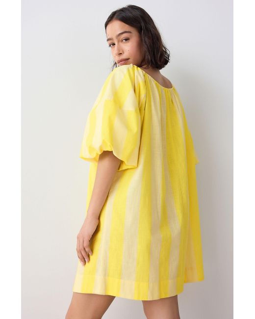 Next Yellow Baumwoll-Minikleid mit Puffärmeln und Bindedetail (1-tlg)
