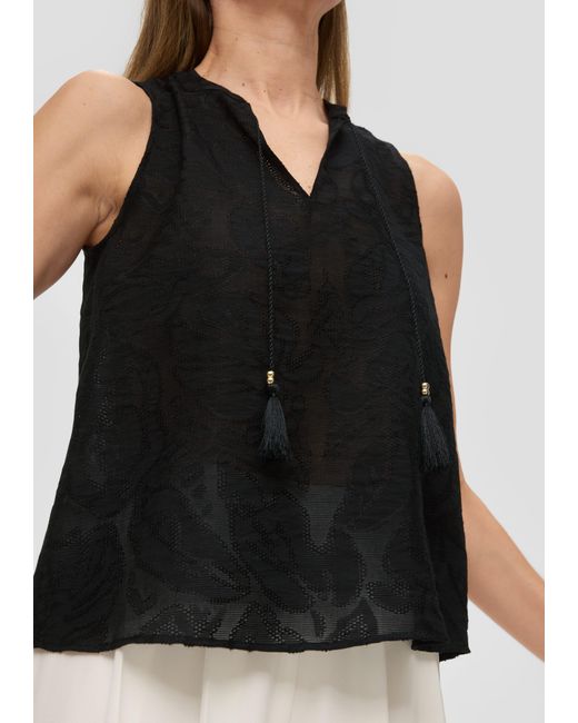 S.oliver Black Kurzarmbluse Blusenshirt im Leaf-Design mit Tunika-Ausschnitt Quasten