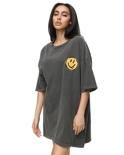 Worldclassca Gray Oversized - T-Shirt Oberteil PRINT - SMILE- ALWAYS IN A GOOD MOOD - STONE WASHED - VINTAGE