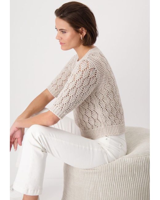 Monari White Rundhalspullover aus Ajourstrick