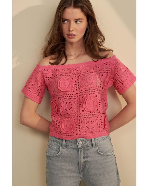Next Pink Carmenpullover Schulterfreies Bardot-Häkeltop mit Blumenmuster (1-tlg)