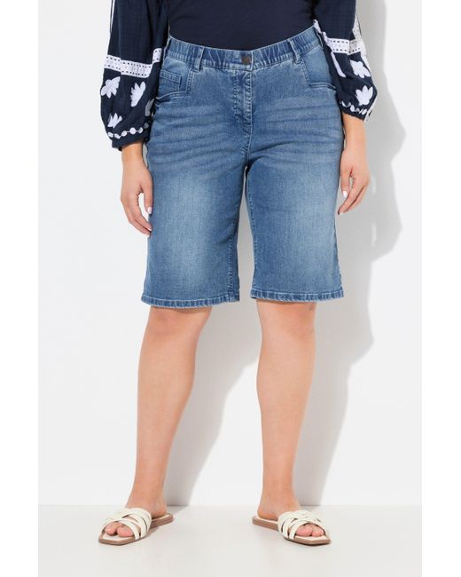 Ulla Popken Blue Regular-fit-Jeans Boyfriend-Jeansbermuda weites Bein Elastikbund