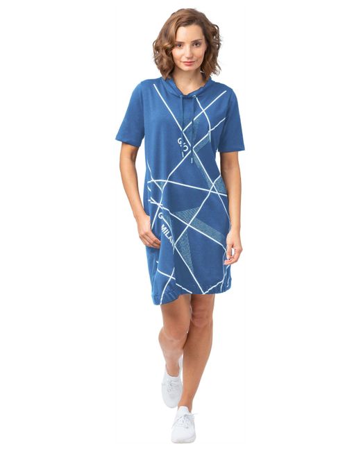 Gio Milano Blue Shirtkleid Kleid mit abstraktem Druck und dezentem Strassbesatz